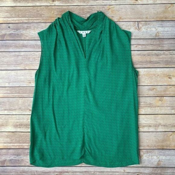 CAbi Tops - CAbi Green Polka Dot Ruched V Neck Sleeveless Top